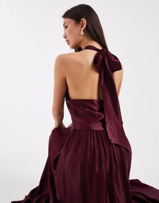 ASOS DESIGN slash neck seam detailing satin maxi dress in plum