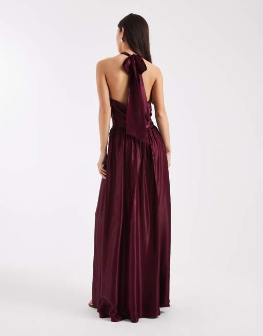 ASOS DESIGN slash neck seam detailing satin maxi dress in plum