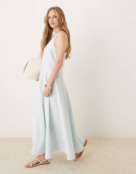ASOS DESIGN slash neck seamed midi dress in baby blue - view 1