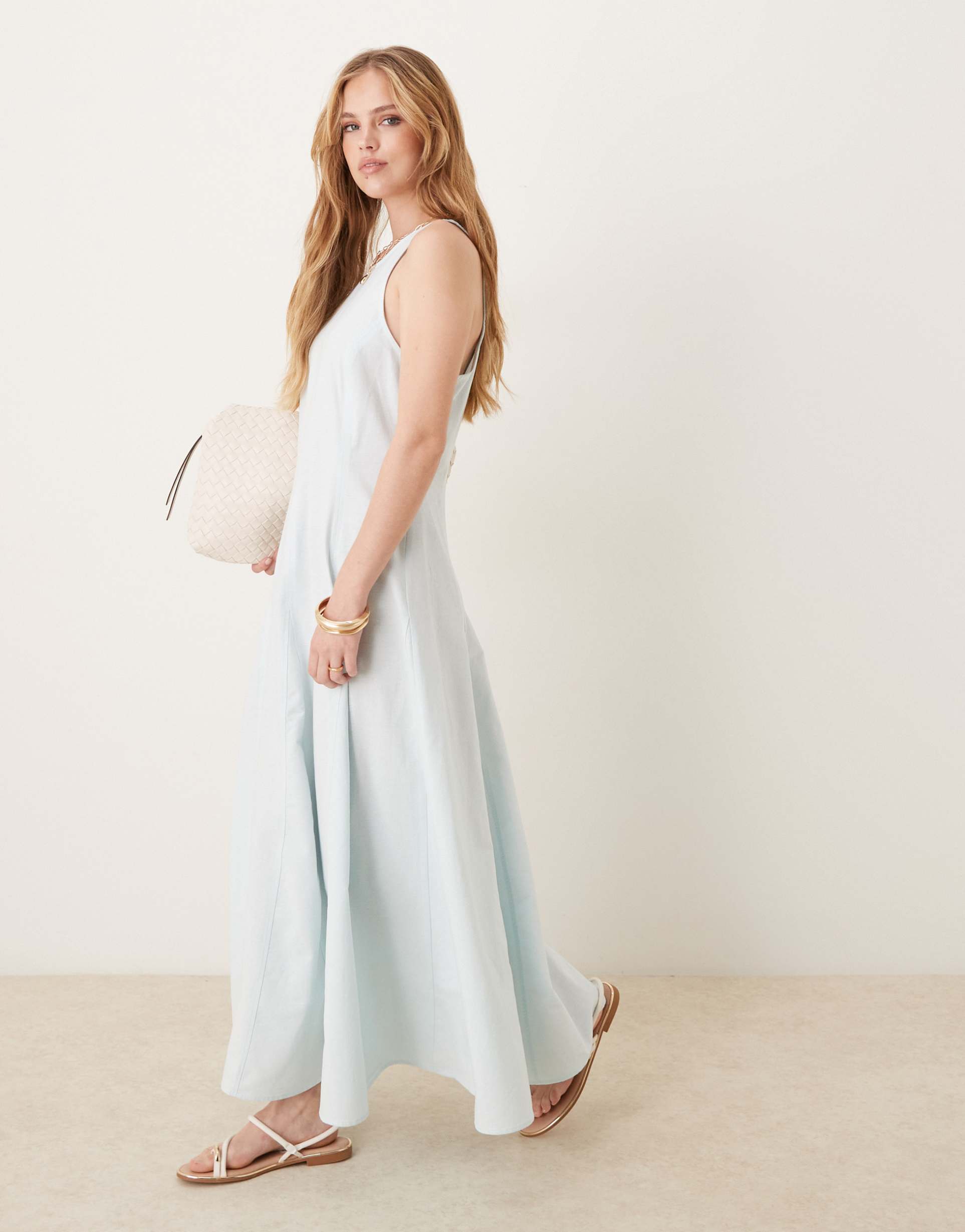 asos design slash neck seamed midi dress in baby blue