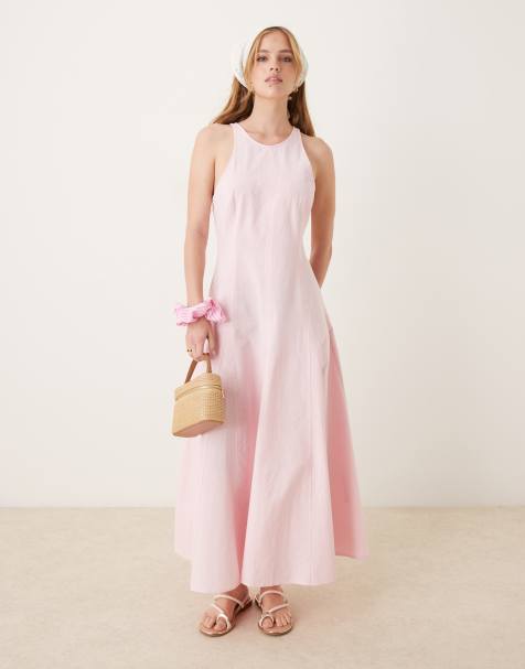 ASOS DESIGN slash neck seamed midi dress in powder pink - view 1
