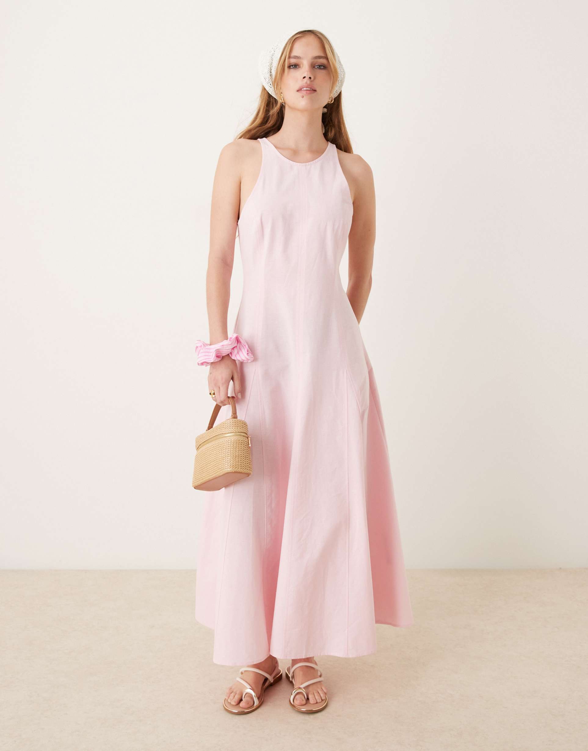 asos design slash neck seamed midi dress in powder pink