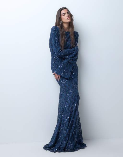 ASOS DESIGN slash neck sequin lace maxi dress with open back strap detail in navy, 2 of 5