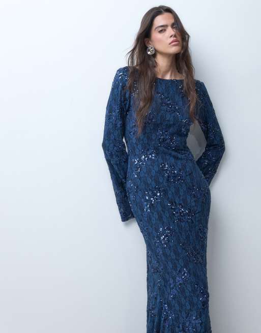 ASOS DESIGN slash neck sequin lace maxi dress with open back strap detail in navy, 5 of 5