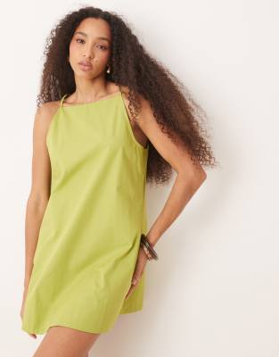 Asos Design Slash Neck Shapeless Mini Dress In Green