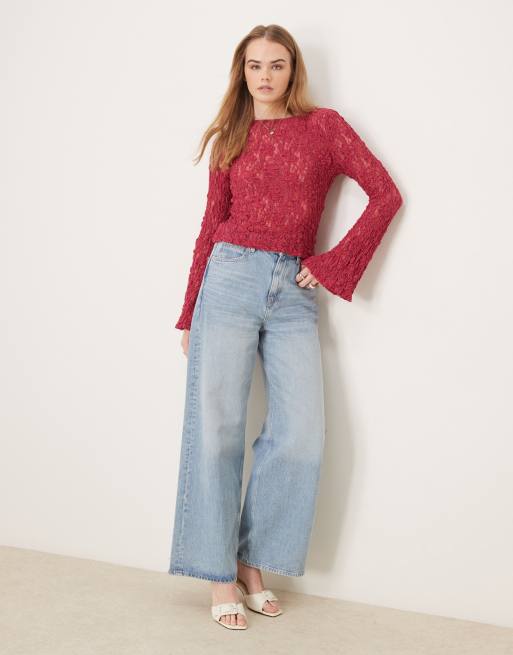 ASOS DESIGN slash neck sheer lace angel sleeve top in raspberry