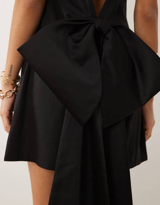 ASOS DESIGN slash neck shift mini dress with bow back in black, 2 of 4