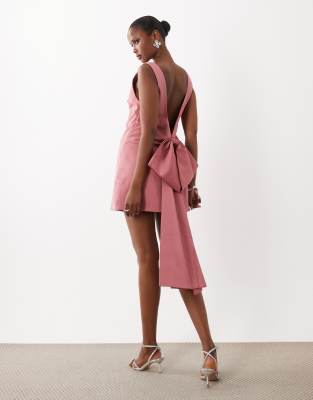 Asos Design Slash Neck Shift Mini Dress With Open Back And Bow Back In Multi