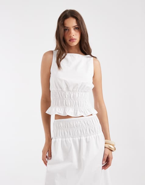 ASOS DESIGN slash neck shirred top in white co ord