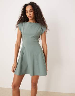 Asos Design Slash Neck Skater Mini Dress In Green