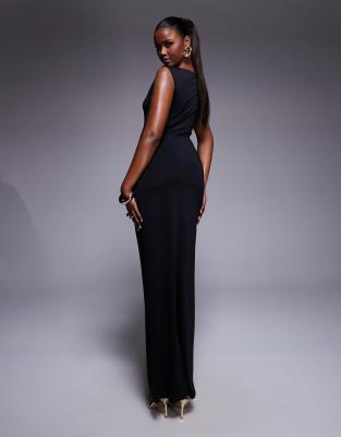 ASOS DESIGN slash neck sleeveless dress with gathered waist detail in black