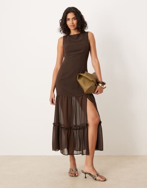 ASOS DESIGN slash neck sleeveless midaxi dress with slit hem in brown - view 1
