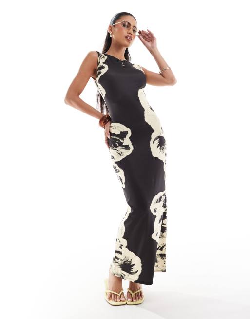 ASOS DESIGN slash neck sleeveless midi dress in black floral print