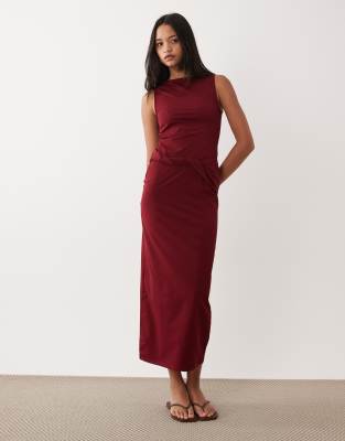 Asos Design Slash Neck Sleeveless Midi Dress With Twist Detail In Burgundy