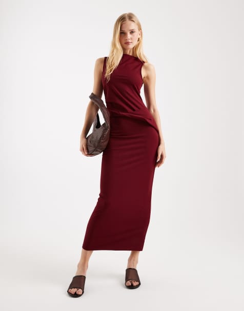 ASOS DESIGN slash neck sleeveless midi dress with twist detail in burgundy