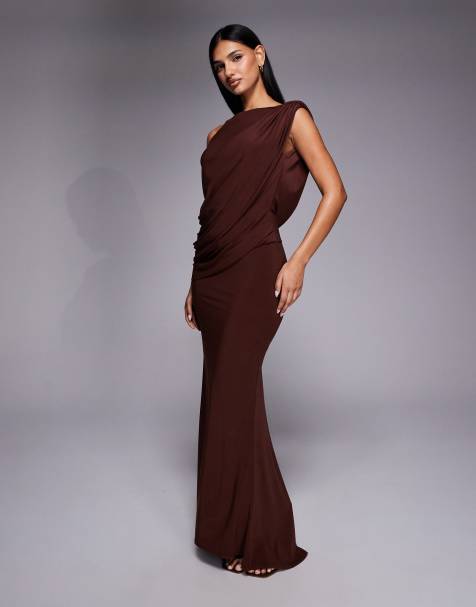 ASOS DESIGN slash neck sleeveless with drape bodice maxi dress in chocolate - view 1