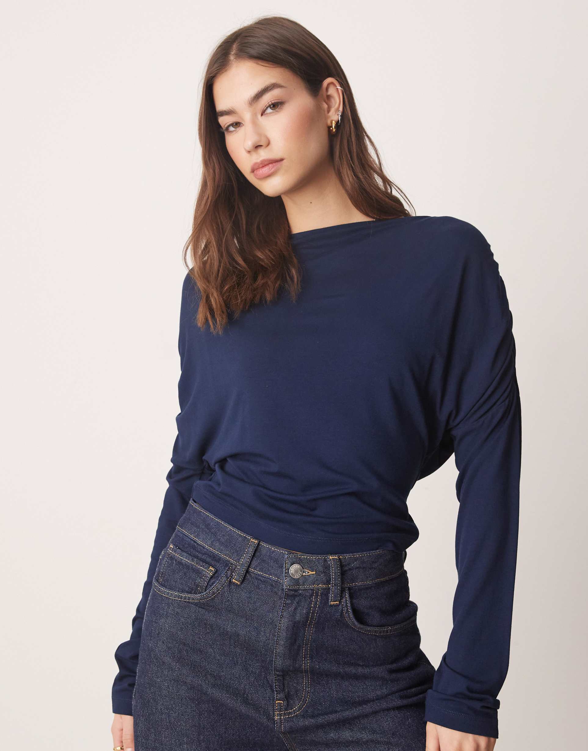 asos design slash neck slouchy long sleeve top in navy
