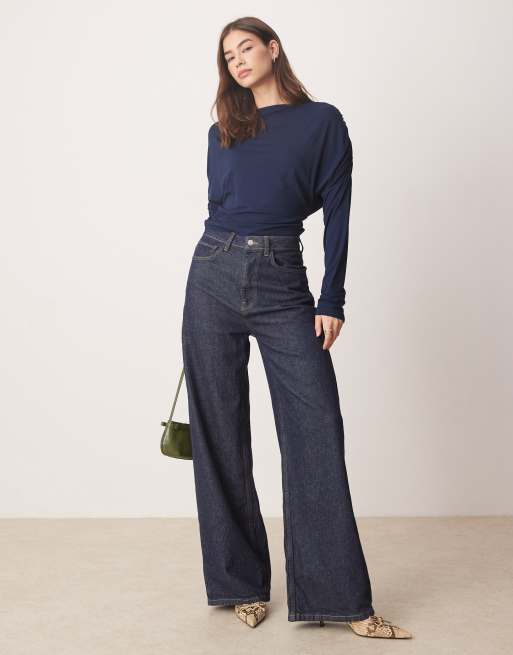 ASOS DESIGN slash neck slouchy long sleeve top in navy