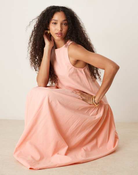 ASOS DESIGN slash neck smock midi dress with dropped waist in blushed apricot - view 1