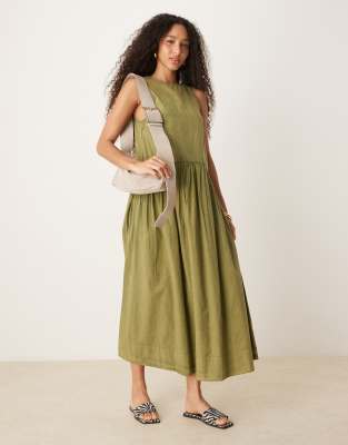 ASOS DESIGN SLASH NECK SMOCK MIDI DRESS WITH DROPPED WAIST 