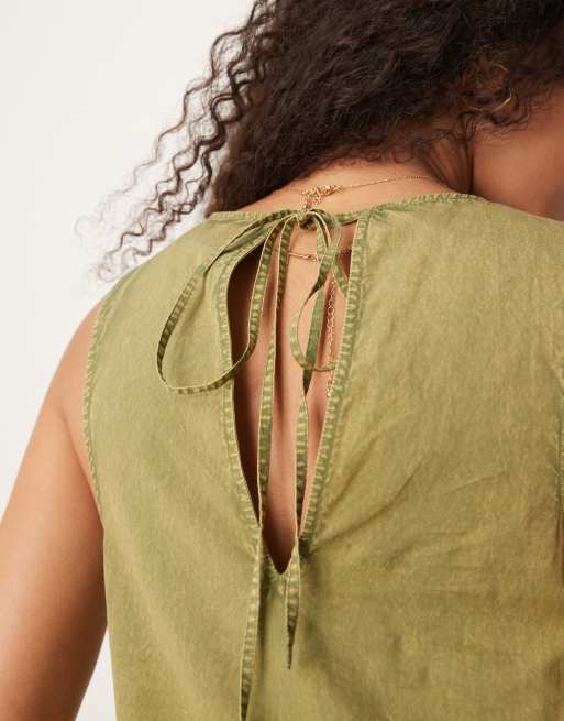 ASOS DESIGN slash neck smock midi dress with dropped waist in in olive, 3 of 4