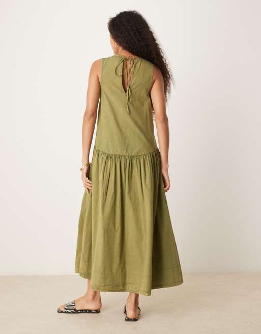 ASOS DESIGN slash neck smock midi dress with dropped waist in in olive, 4 of 4