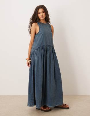 Asos Design Slash Neck Smock Midi Dress With Dropped Waist