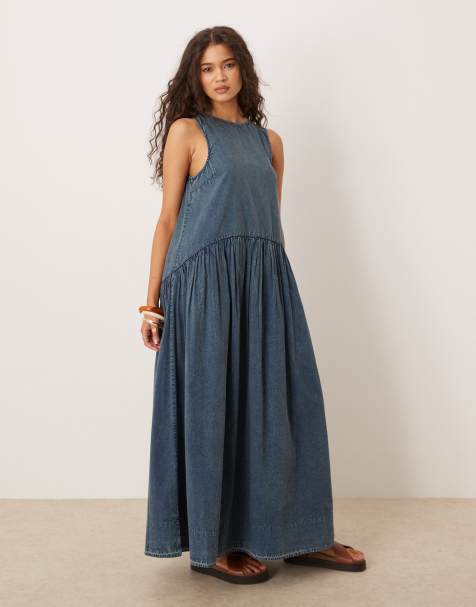 ASOS DESIGN slash neck smock midi dress with dropped waist in washed denim blue - view 1