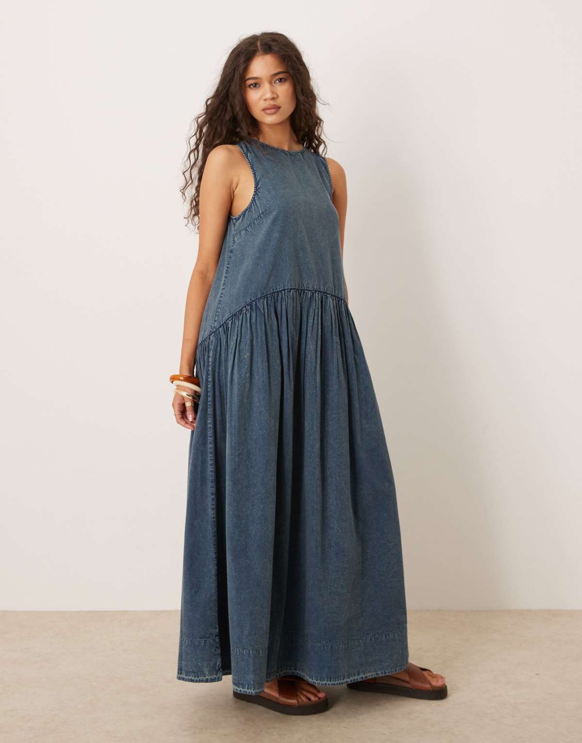 ASOS DESIGN slash neck smock midi dress with dropped waist in washed denim blue