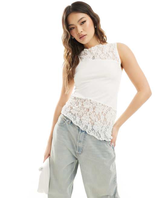 ASOS DESIGN slash neck spliced lace top in ivory | ASOS