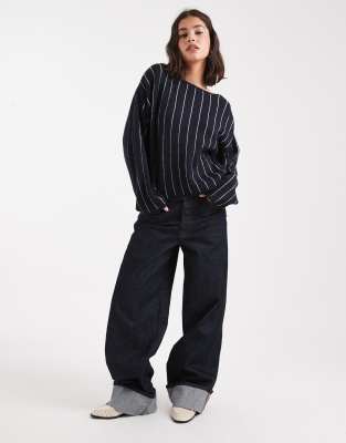 Asos Design Slash Neck Striped Sweater In Multi