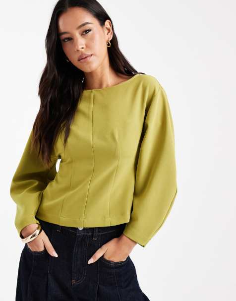 ASOS DESIGN slash neck structured long sleeve top in olive - view 1