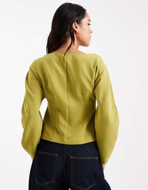 ASOS DESIGN slash neck structured long sleeve top in olive, 3 of 4