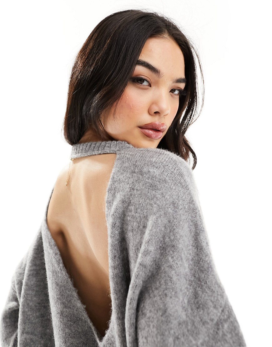 slash neck sweater with cut out back in gray