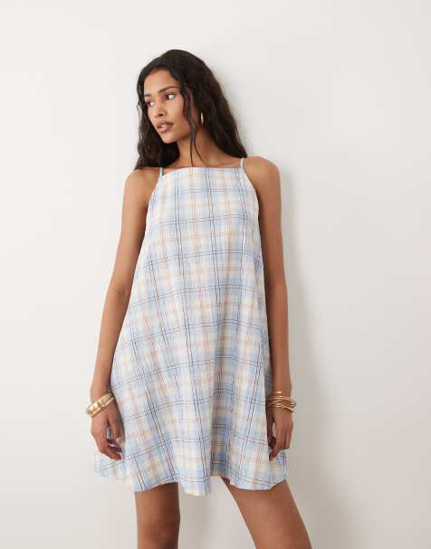 ASOS DESIGN slash neck swing mini dress in blue check - view 1