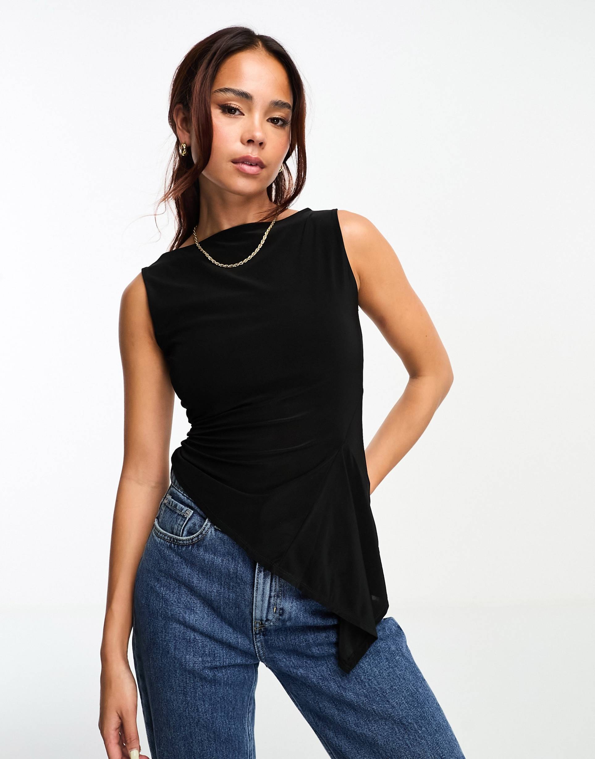 asos design slash neck tank top with ruffle flare detail in black