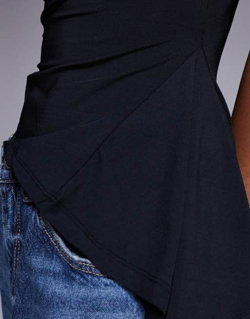 ASOS DESIGN slash neck tank top with ruffle godet detail in black, 2 of 4
