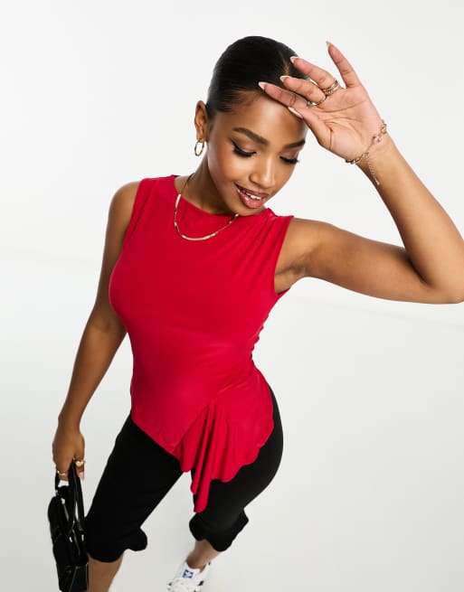 ASOS DESIGN slash neck tank top with ruffle godet detail in red
