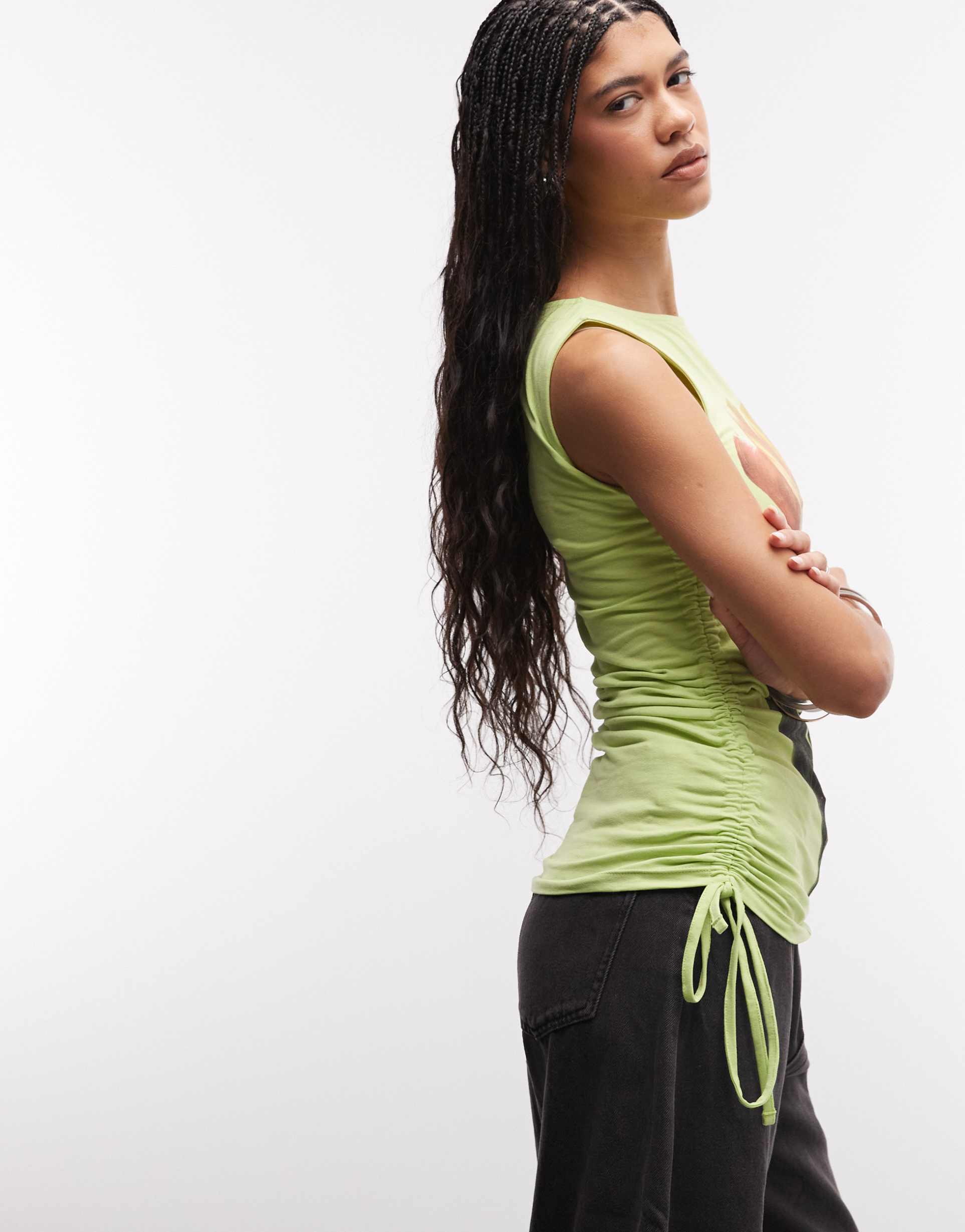 asos design slash neck tank top with watercolor floral print in pale yellow