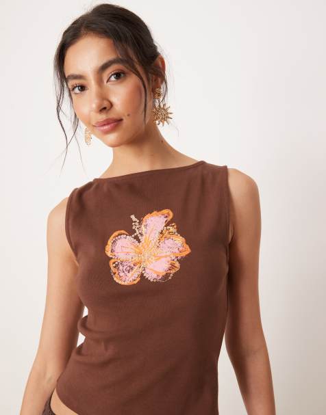 ASOS DESIGN slash neck tank with hibiscious sequin graphic in brown - view 1