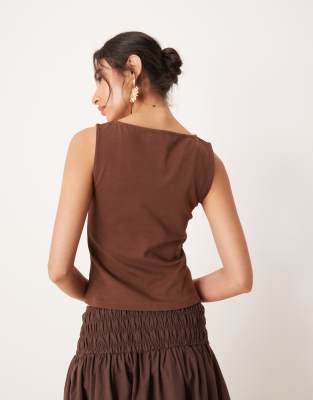 Asos Design Slash Neck Tank With Hibiscus Sequin Graphic In Brown