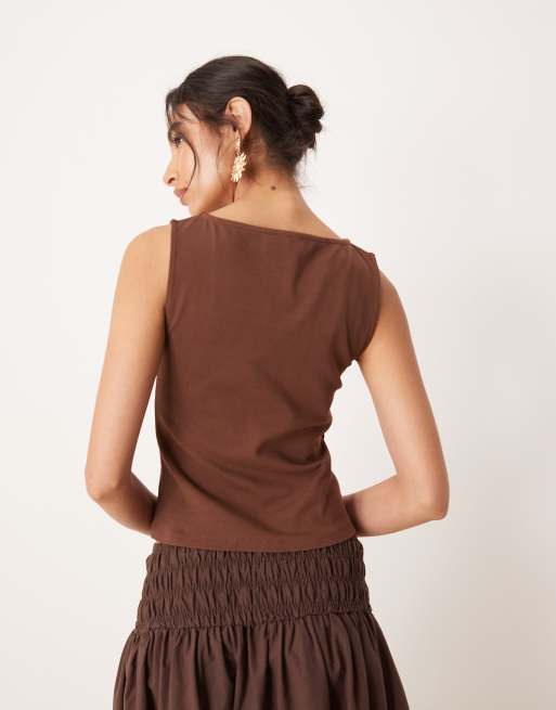 ASOS DESIGN slash neck tank with hibiscus sequin graphic in brown