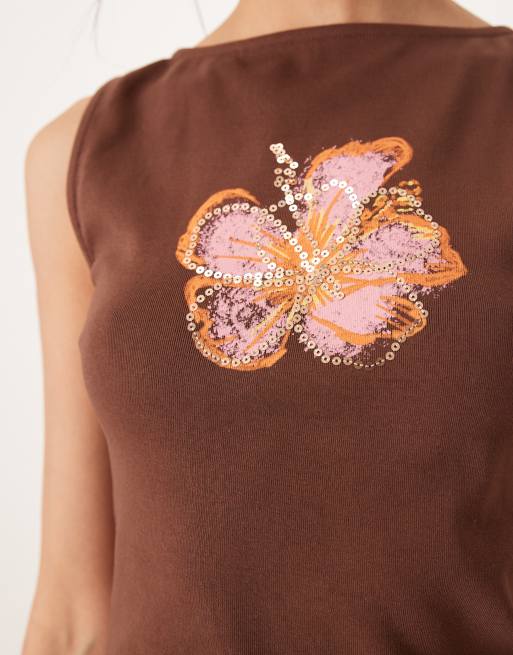 ASOS DESIGN slash neck tank with hibiscus sequin graphic in brown