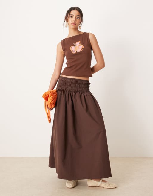 ASOS DESIGN slash neck tank with hibiscus sequin graphic in brown