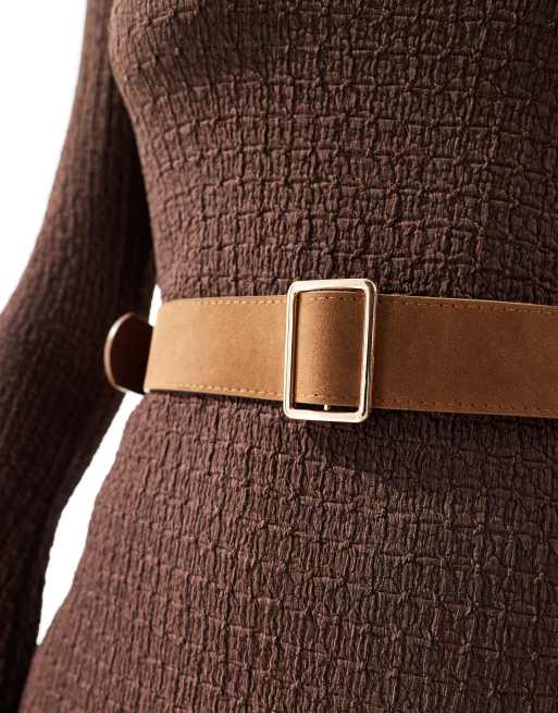 ASOS DESIGN slash neck textured long sleeve belted midi dress in