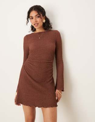 Asos Design Slash Neck Textured Mini Dress With Flare Sleeves