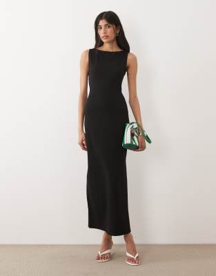 Asos Design Slash Neck Tie Back Midaxi Dress With Side Split In Black
