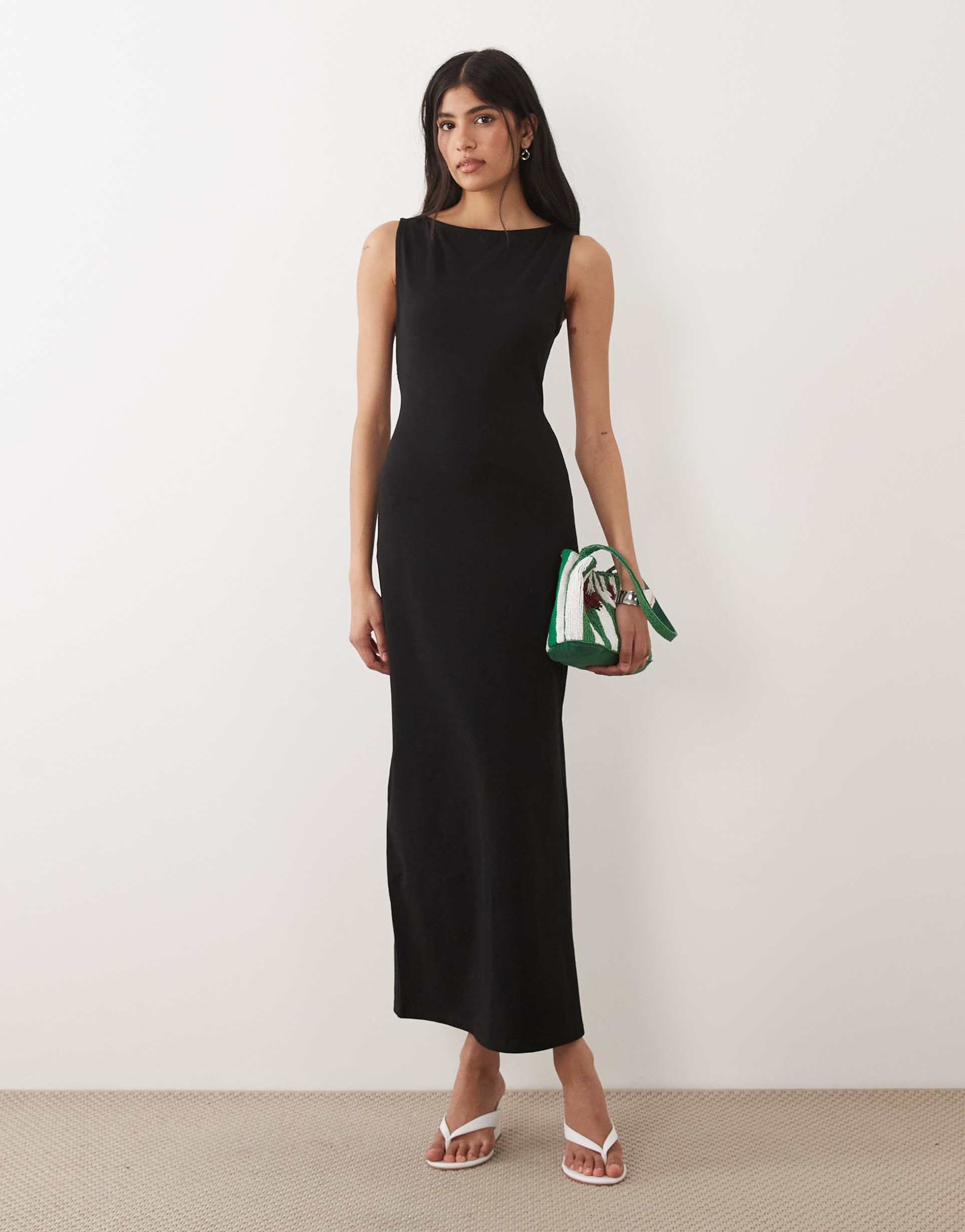 asos design slash neck tie back midaxi dress with side split in black