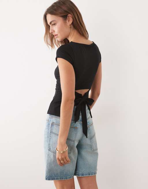 ASOS DESIGN slash neck tie back short sleeve top in black, 4 of 4