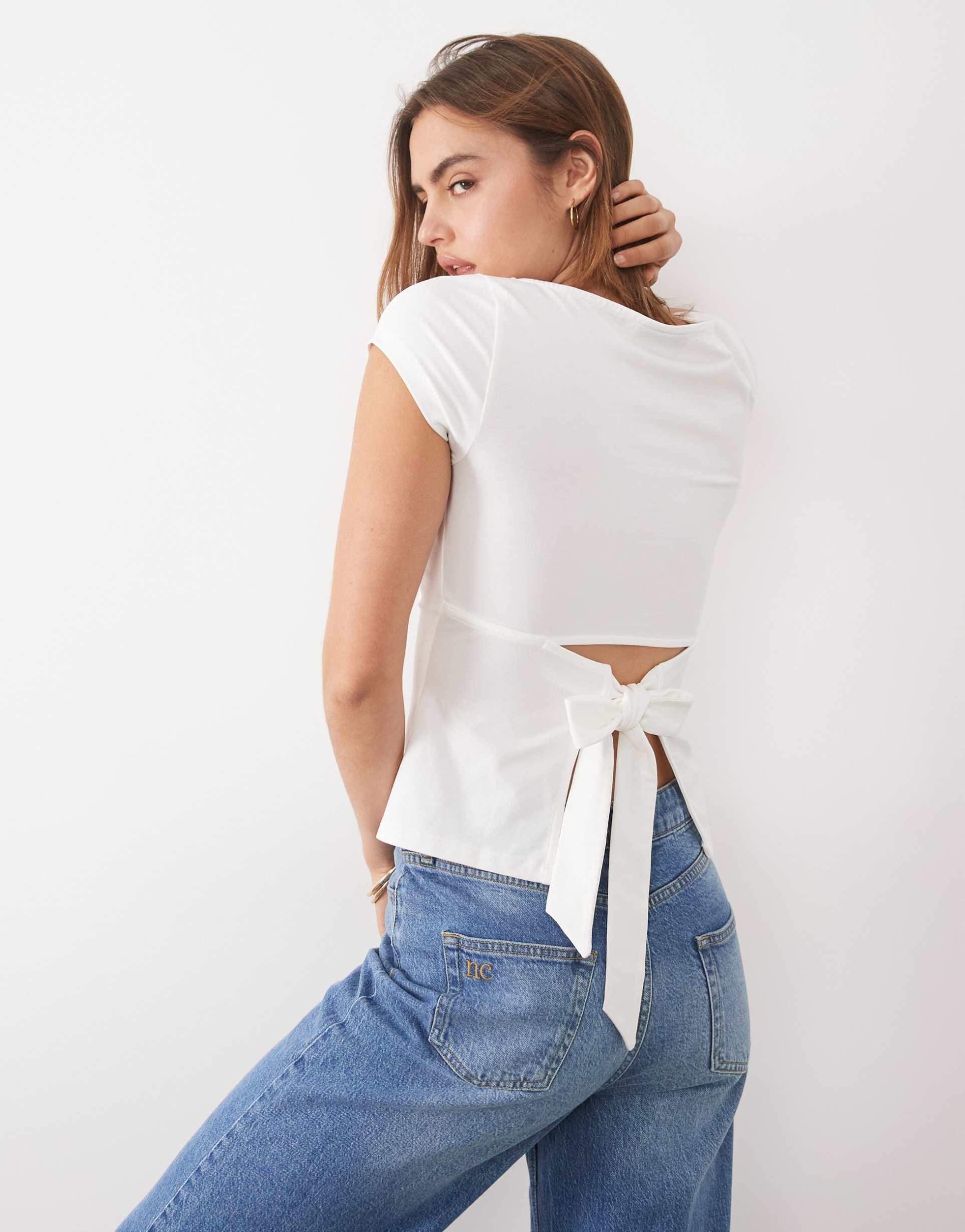 asos design slash neck tie back short sleeve top in white